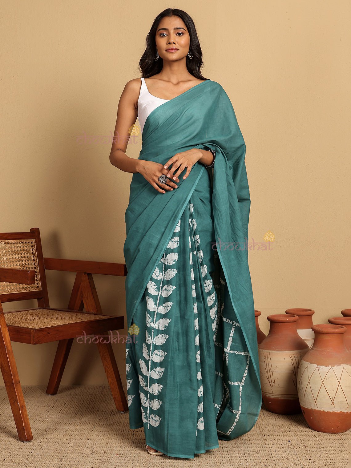 Sarah Pre - Draped Hand Printed Mul Cotton Saree - Chowkhat Lifestyle