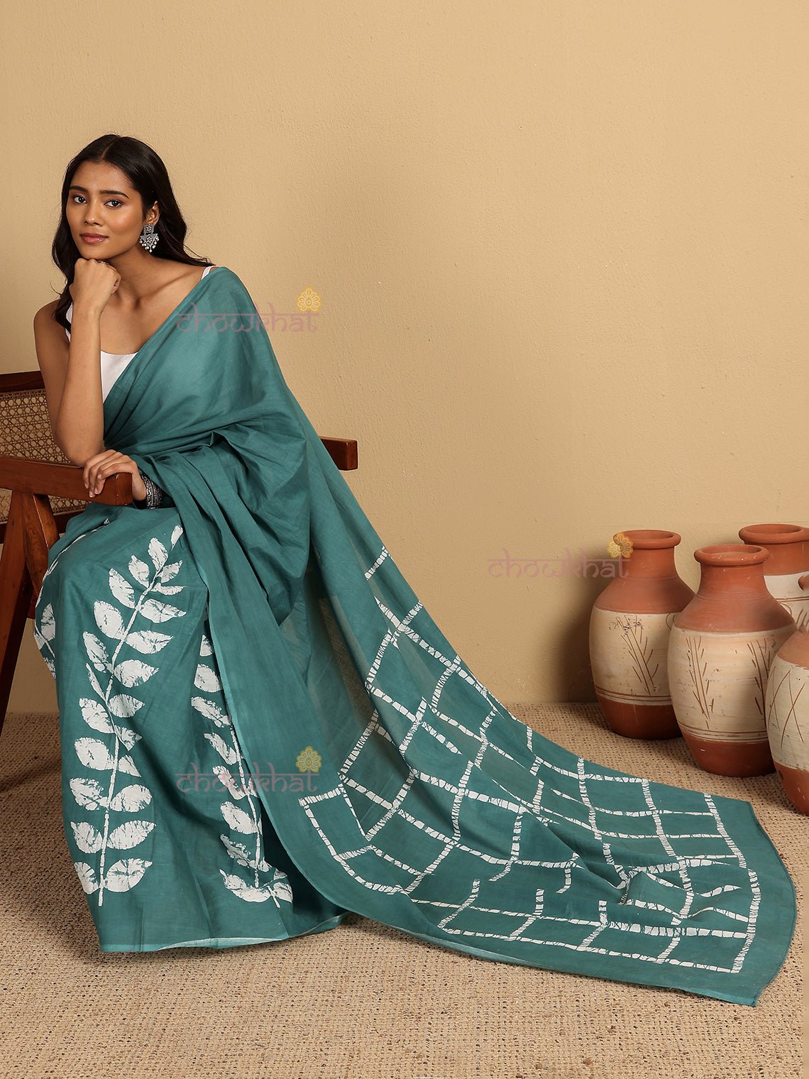 Sarah Pre - Draped Hand Printed Mul Cotton Saree - Chowkhat Lifestyle