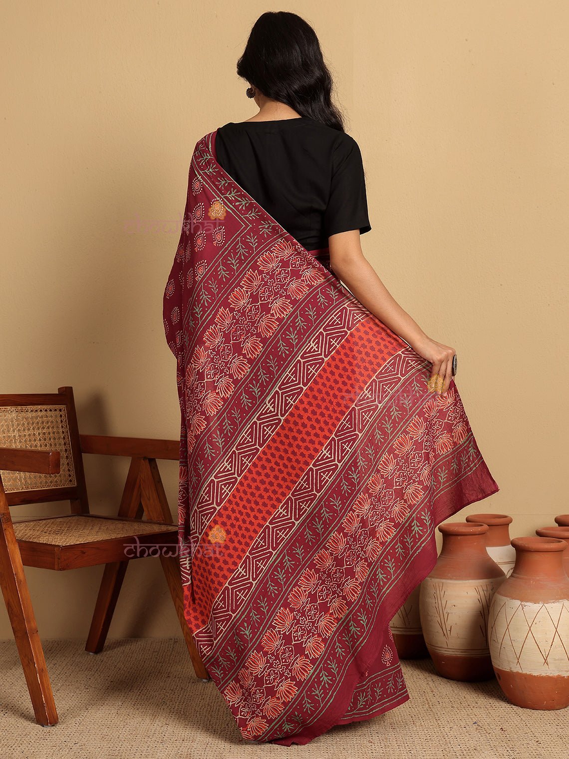 Hina Pre - Draped Hand Block Mul Cotton Saree - Chowkhat Lifestyle