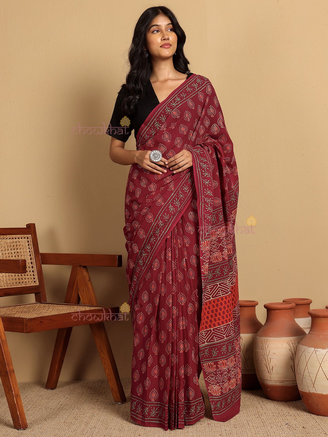 Hina Pre - Draped Hand Block Mul Cotton Saree - Chowkhat Lifestyle