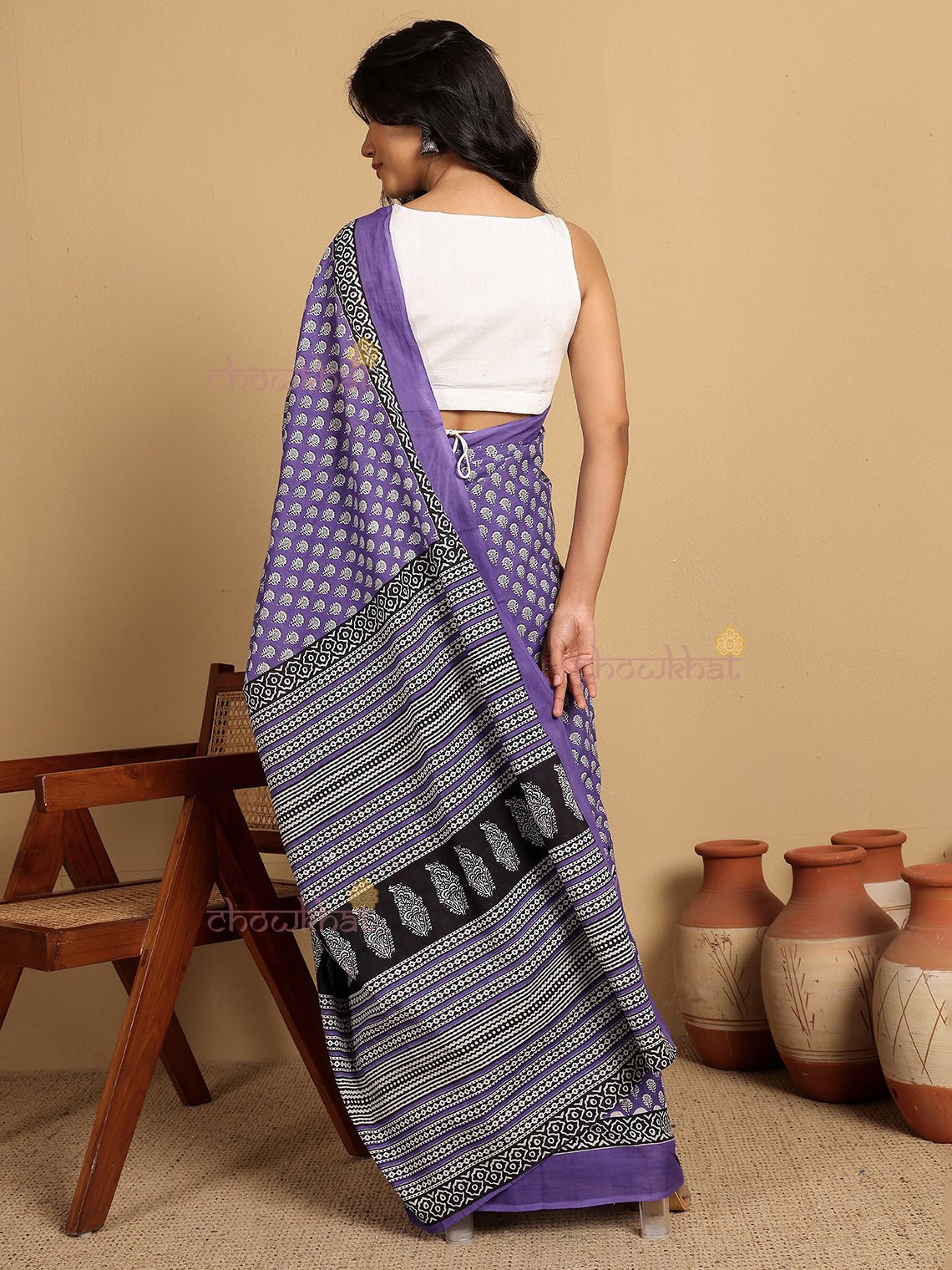 Anar Pre - Draped Hand Printed Mul Cotton Saree - Chowkhat Lifestyle