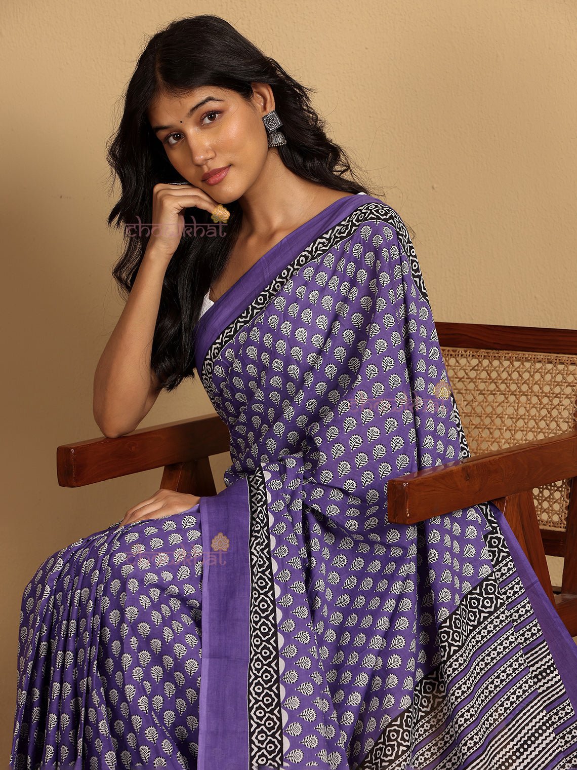 Anar Pre - Draped Hand Printed Mul Cotton Saree - Chowkhat Lifestyle