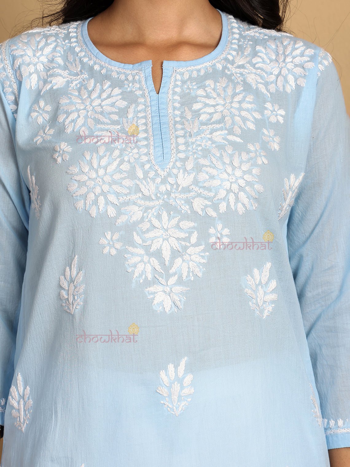 Dania Mul Cotton Short Straight Chikankari Kurti - Chowkhat Lifestyle