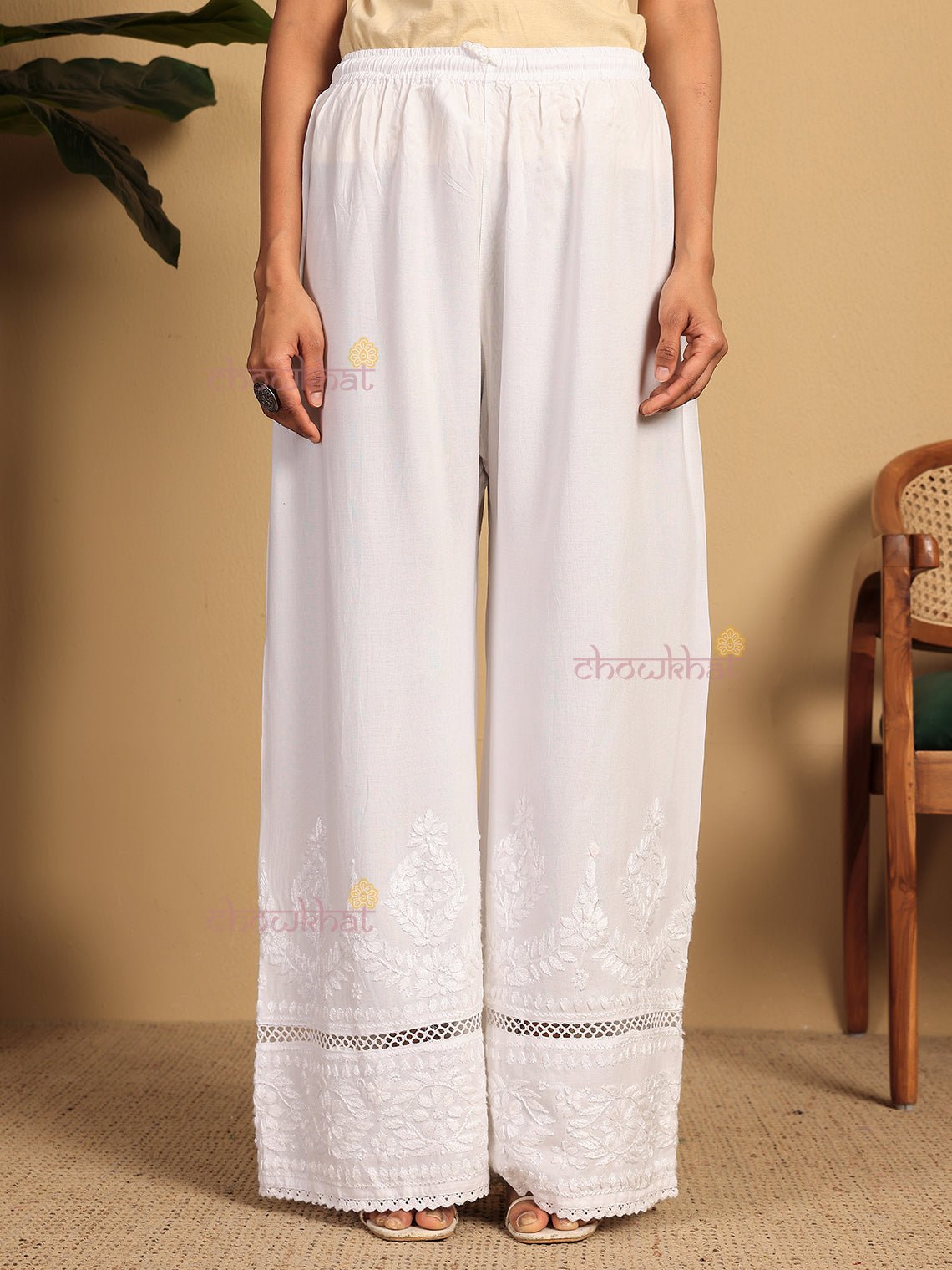 Amaya Rayon Chikankari Palazzo with Lace Detailing - Chowkhat Lifestyle