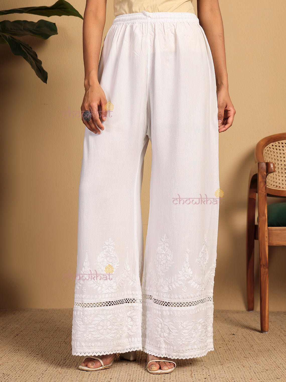 Amaya Rayon Chikankari Palazzo with Lace Detailing - Chowkhat Lifestyle