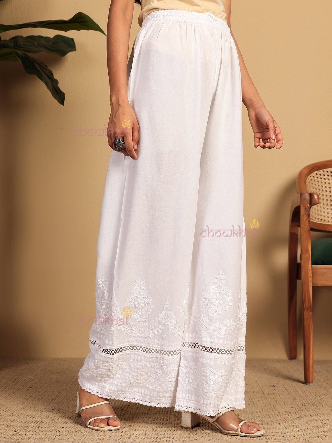 Amaya Rayon Chikankari Palazzo with Lace Detailing - Chowkhat Lifestyle