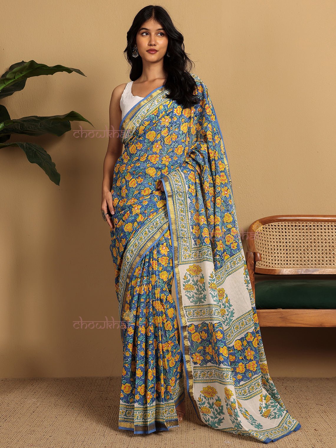 Ishita Pre - Draped Hand Block Mul Cotton Saree - Chowkhat Lifestyle