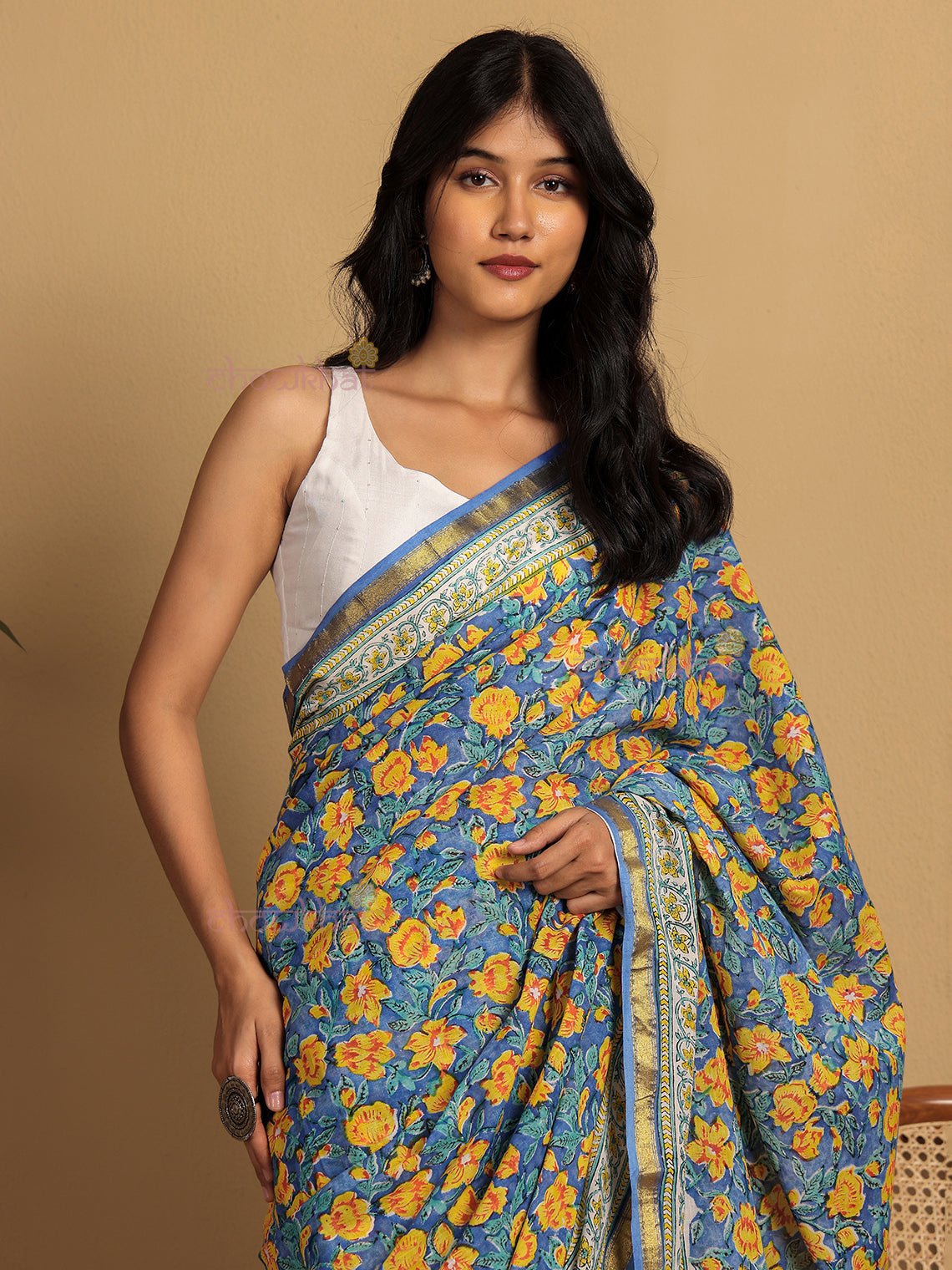 Ishita Pre - Draped Hand Block Mul Cotton Saree - Chowkhat Lifestyle