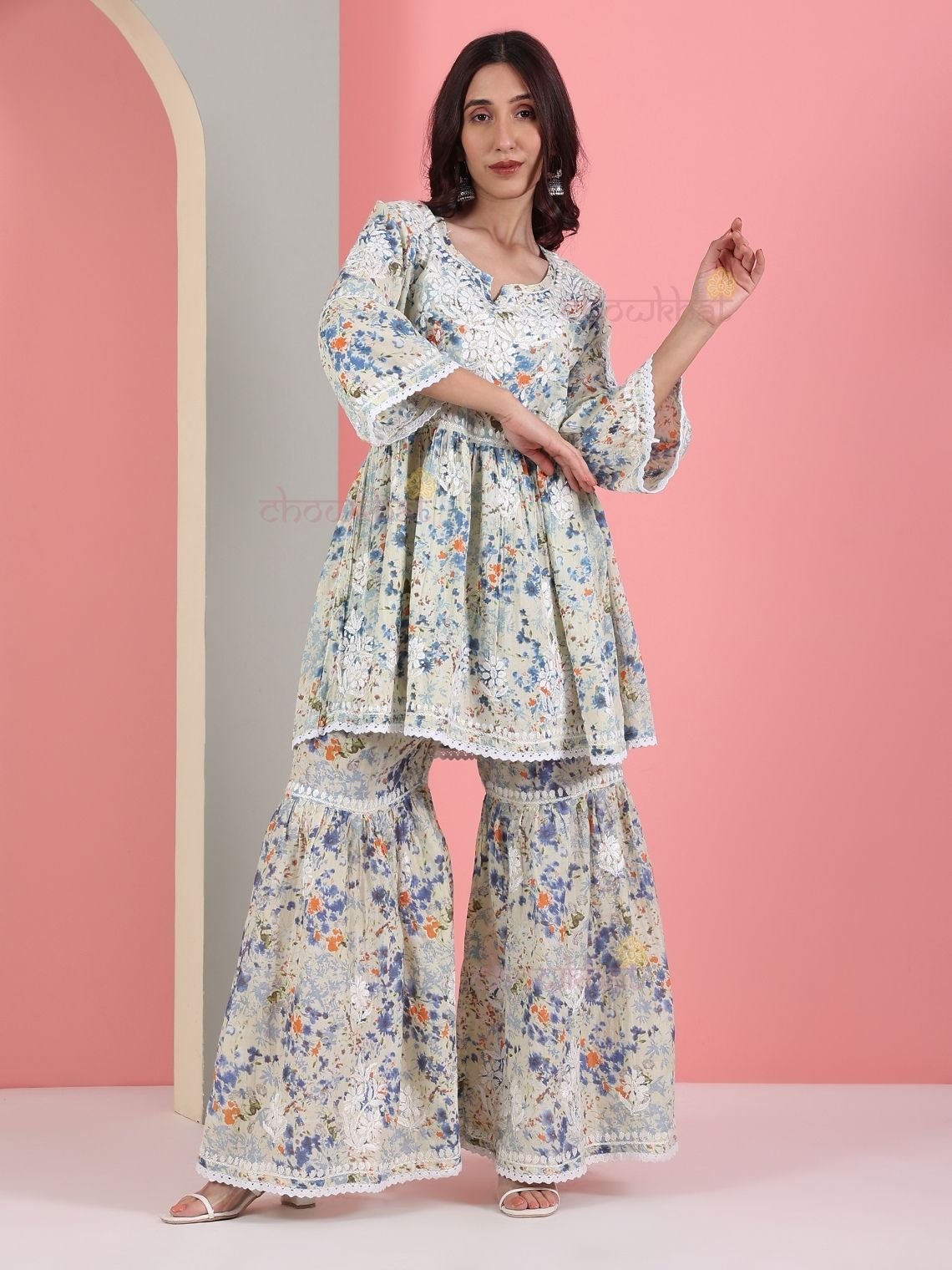 Sanya Mul Cotton Chikankari Gharara Set with Crochet Lace - Chowkhat Lifestyle