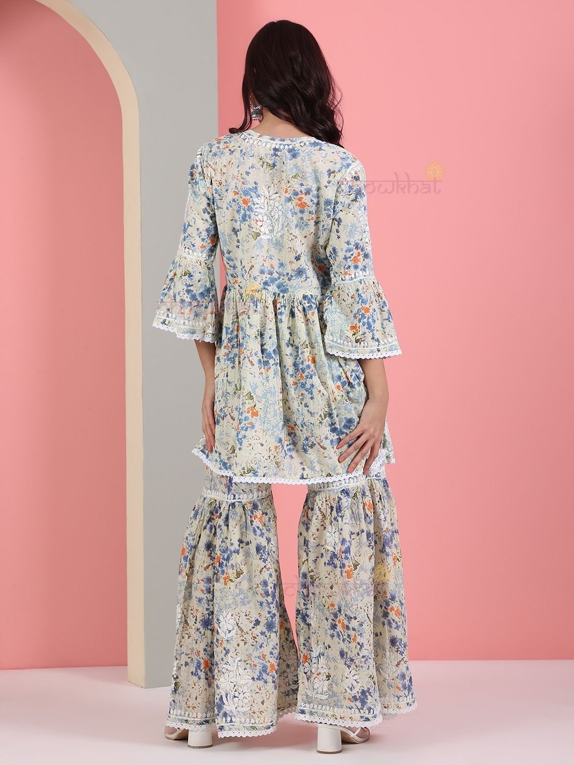 Sanya Mul Cotton Chikankari Gharara Set with Crochet Lace - Chowkhat Lifestyle