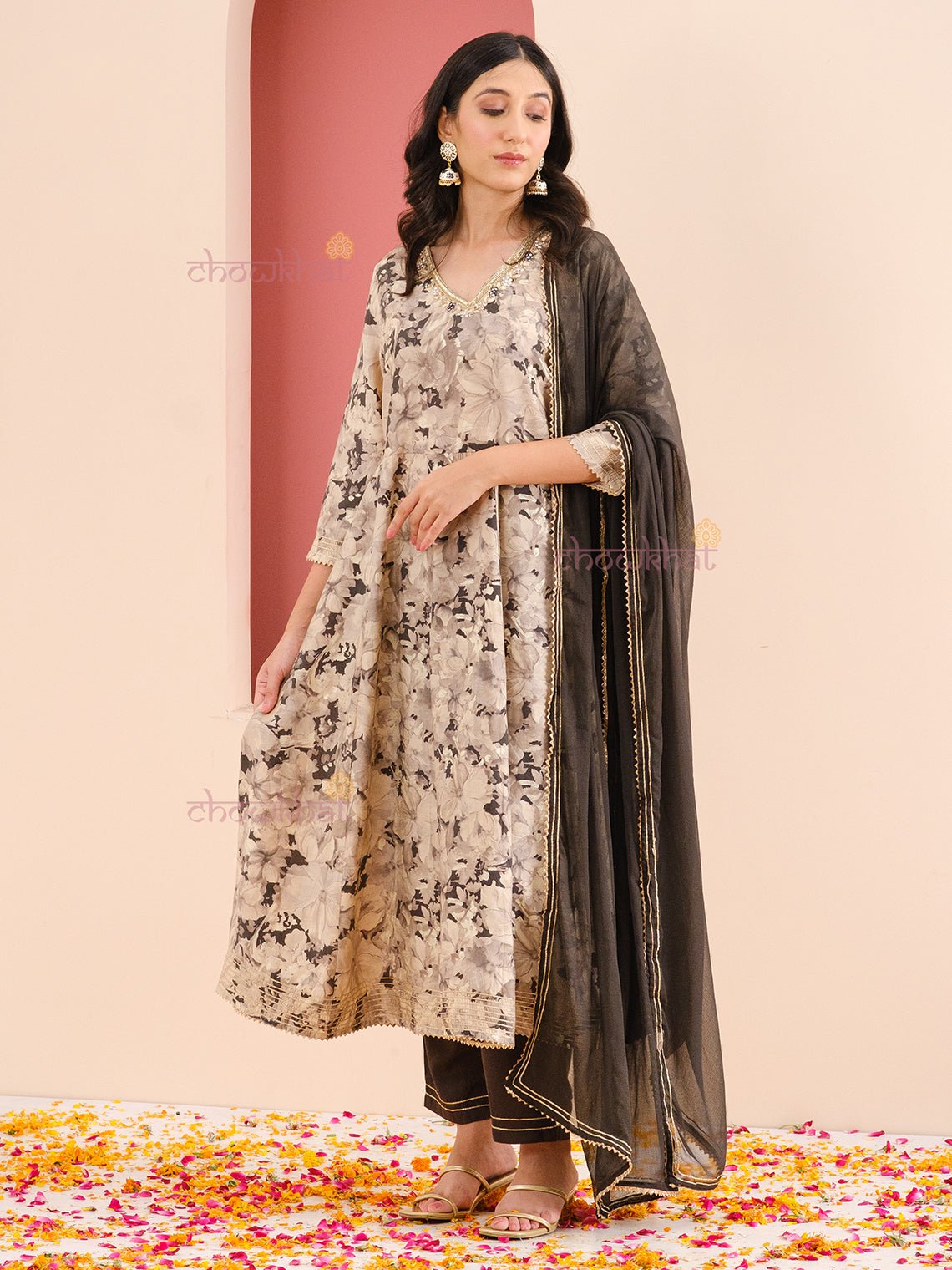 Preet Muslin Aline Suit Set with Handwork - Chowkhat Handicraft