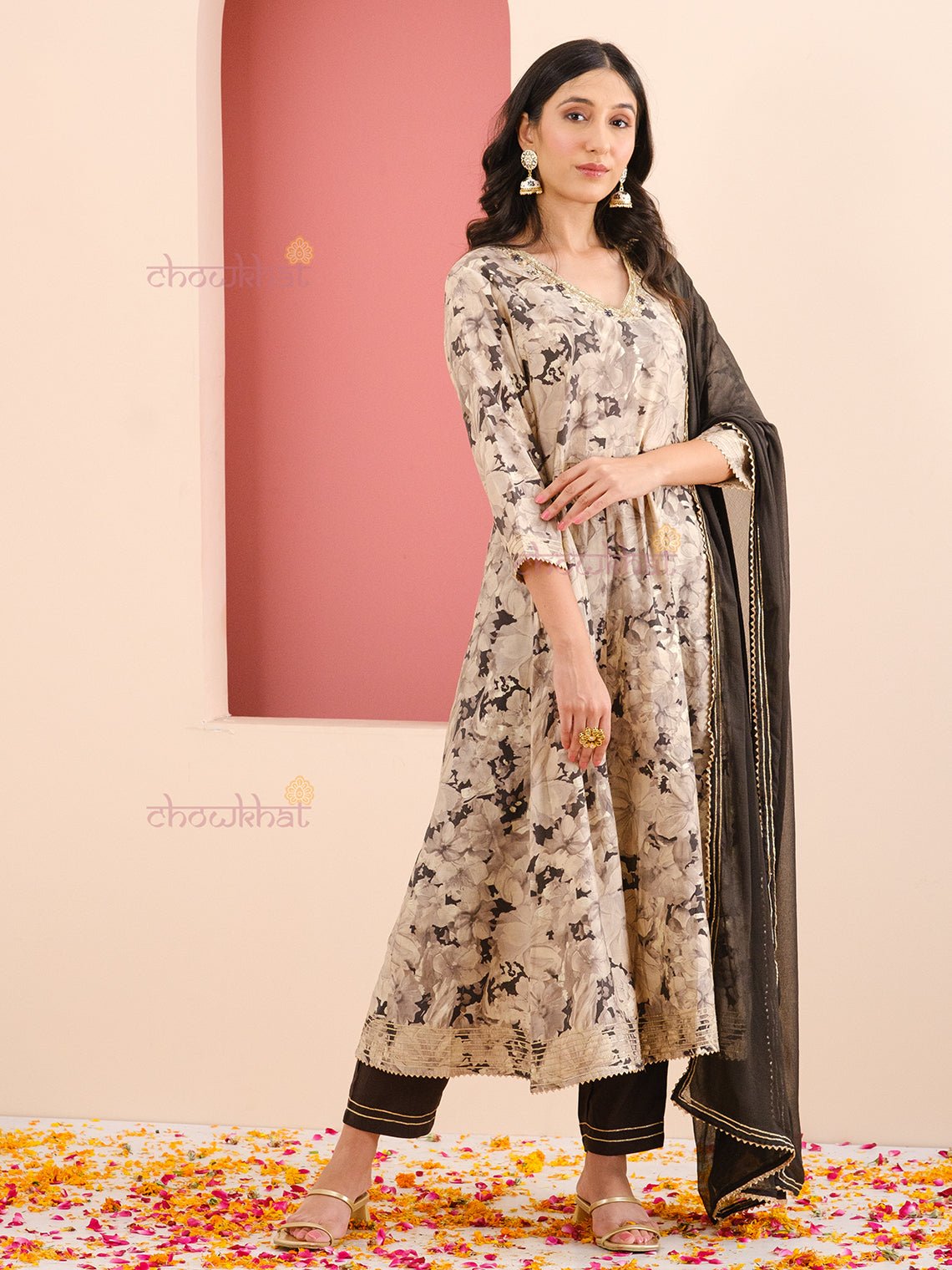 Preet Muslin Aline Suit Set with Handwork - Chowkhat Handicraft