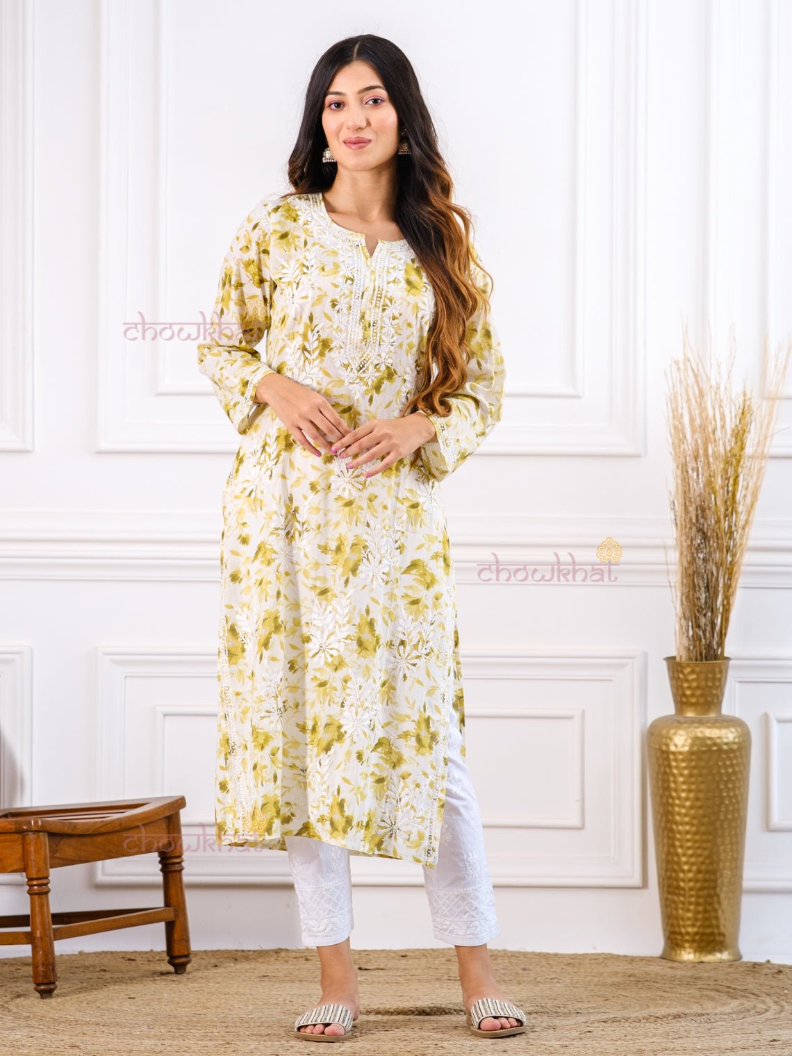 Netra Printed Mul Cotton Chikankari Kurti - Chowkhat Handicraft
