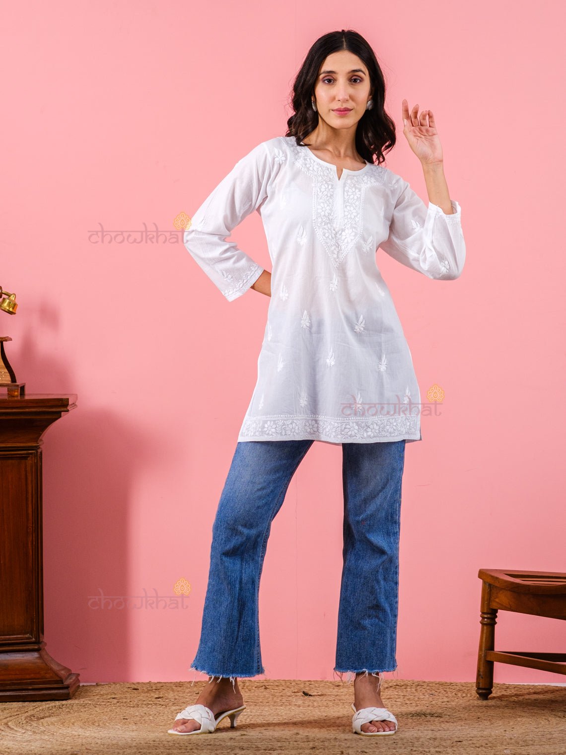 Adya Cotton Straight Chikankari Kurti - Chowkhat Handicraft
