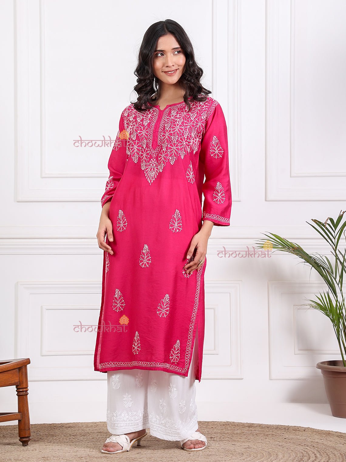 Haya Straight Chanderi Chikankari Kurti - Chowkhat Lifestyle