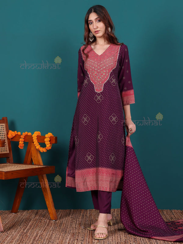 Anaya Hand Embroidered Bandhani Printed Stitched Suit Set - Chowkhat Lifestyle