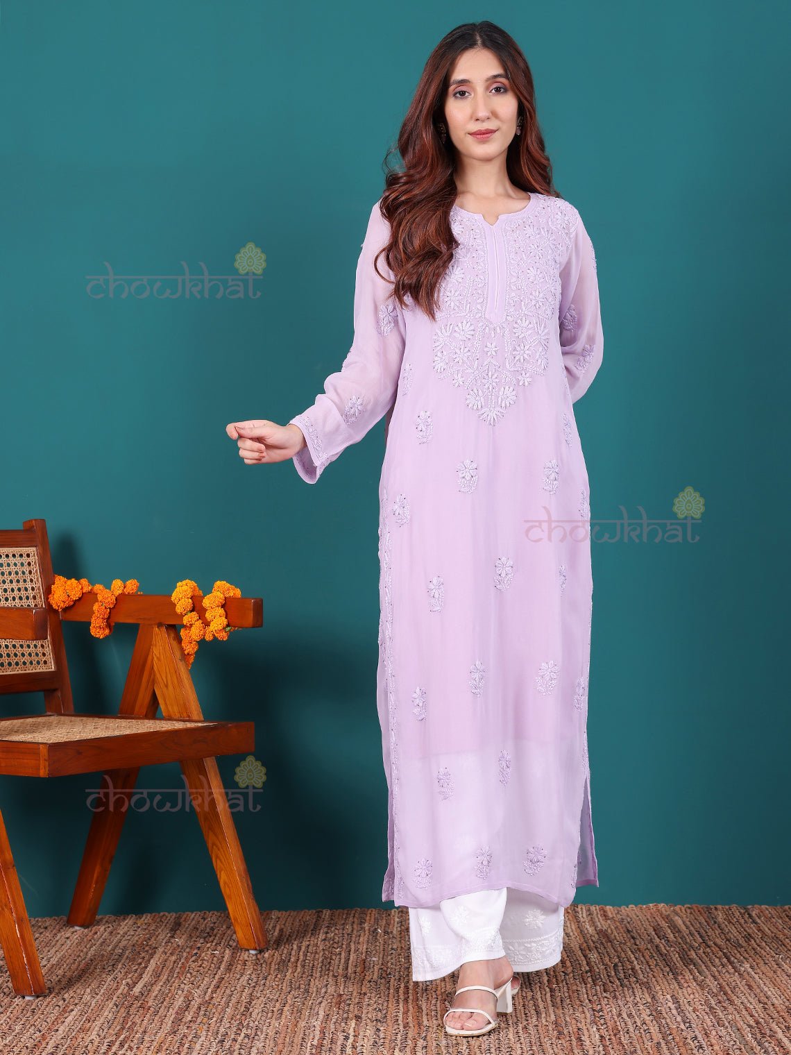 Nisa Viscose Georgette Chikankari Kurti With Mukaish Work - Chowkhat Lifestyle