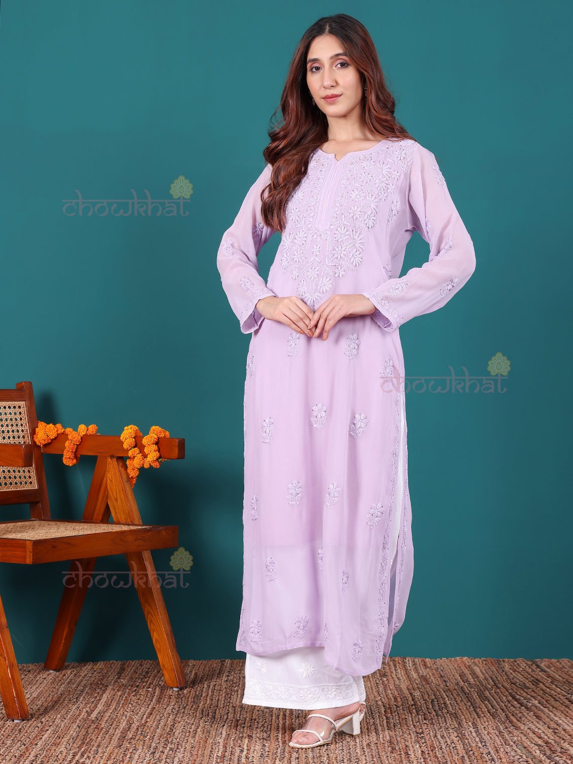 Nisa Viscose Georgette Chikankari Kurti With Mukaish Work - Chowkhat Lifestyle