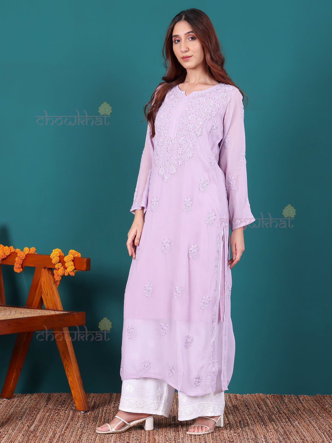 Nisa Viscose Georgette Chikankari Kurti With Mukaish Work - Chowkhat Lifestyle