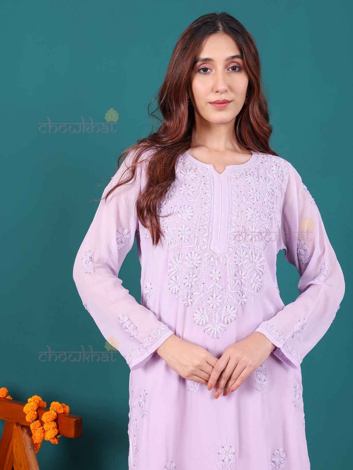 Nisa Viscose Georgette Chikankari Kurti With Mukaish Work - Chowkhat Lifestyle