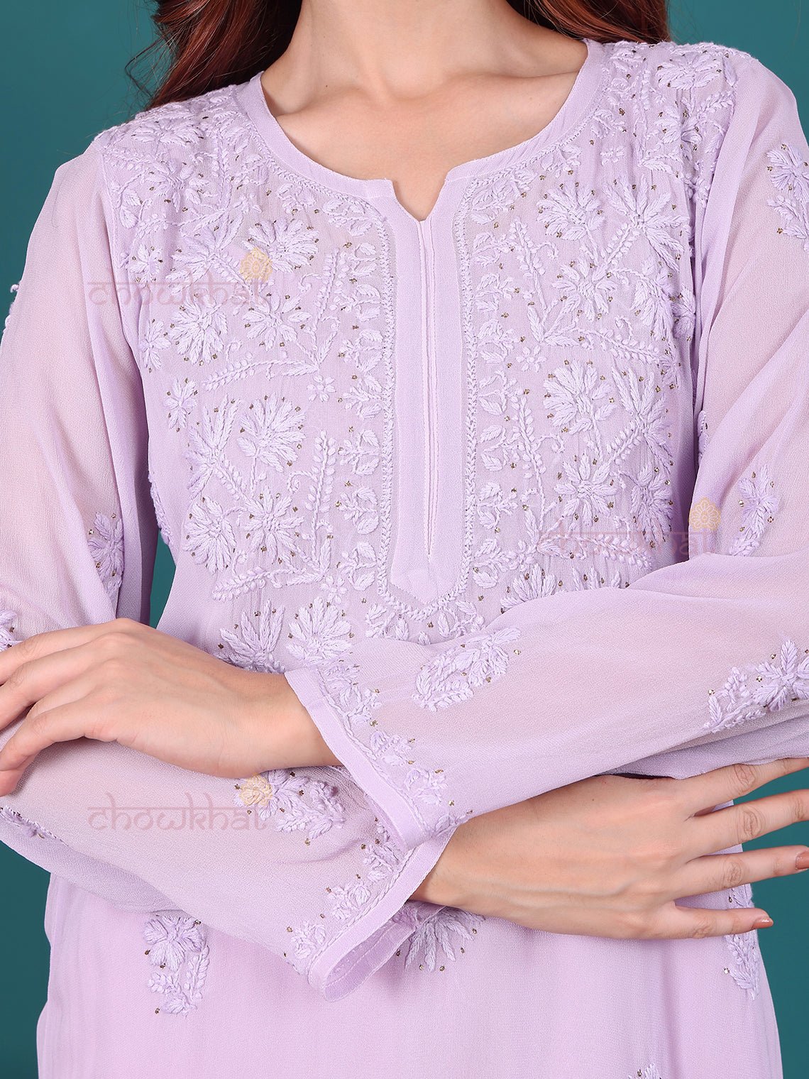 Nisa Viscose Georgette Chikankari Kurti With Mukaish Work - Chowkhat Lifestyle