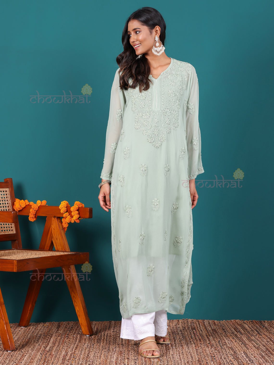 Nisa Viscose Georgette Chikankari Kurti With Mukaish Work - Chowkhat Lifestyle