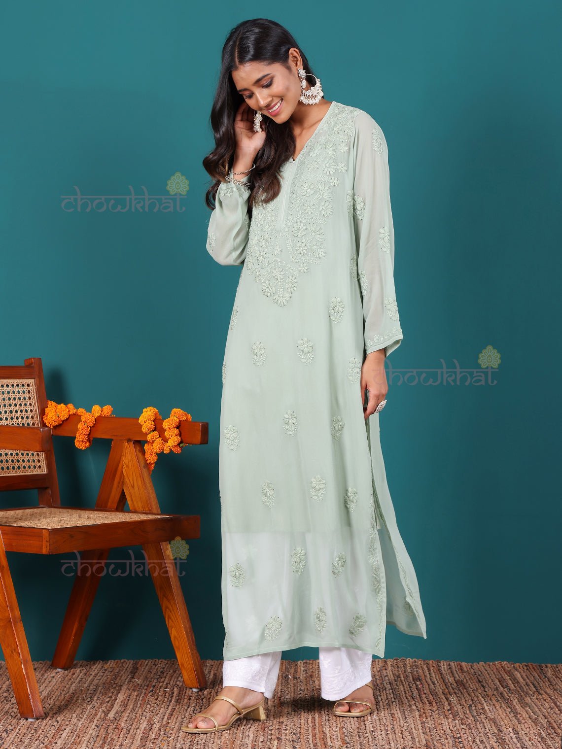 Nisa Viscose Georgette Chikankari Kurti With Mukaish Work - Chowkhat Lifestyle