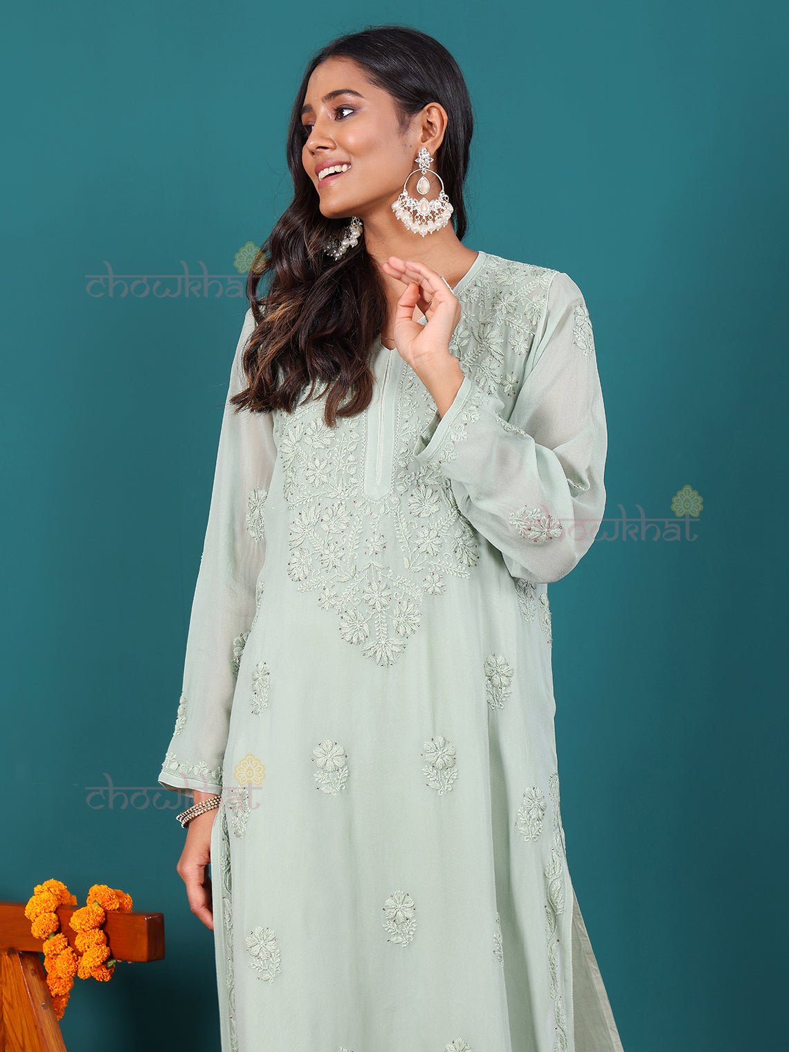 Nisa Viscose Georgette Chikankari Kurti With Mukaish Work - Chowkhat Lifestyle