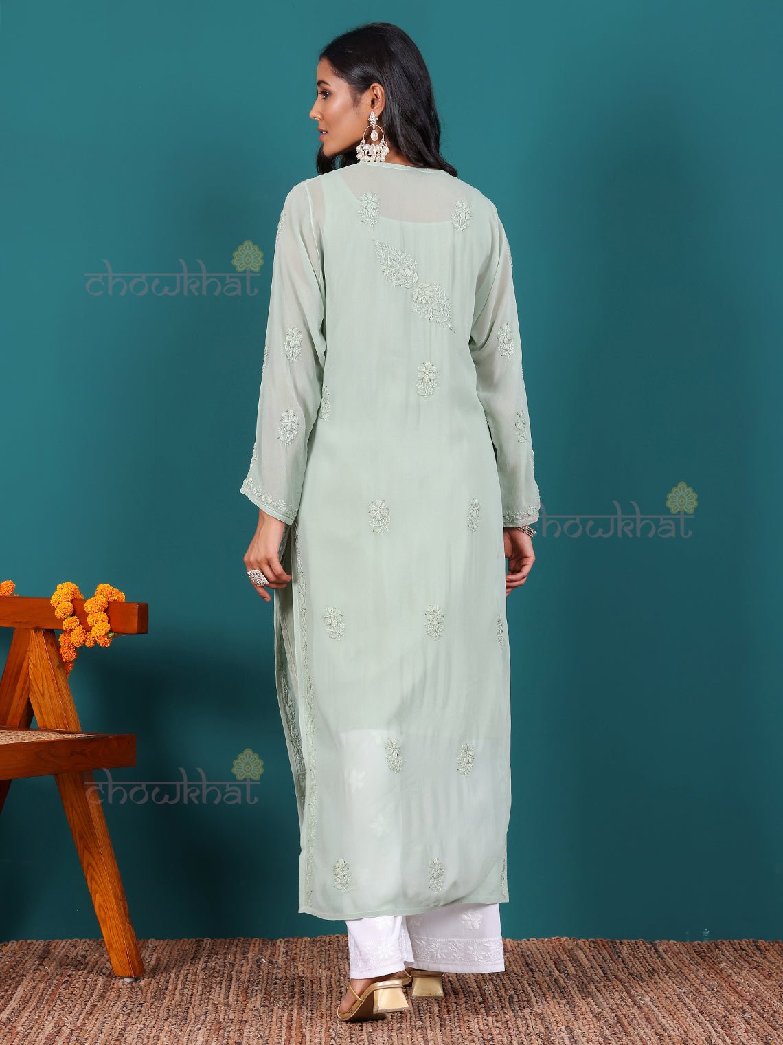 Nisa Viscose Georgette Chikankari Kurti With Mukaish Work - Chowkhat Lifestyle