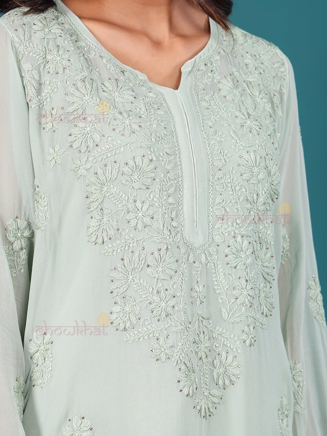 Nisa Viscose Georgette Chikankari Kurti With Mukaish Work - Chowkhat Lifestyle