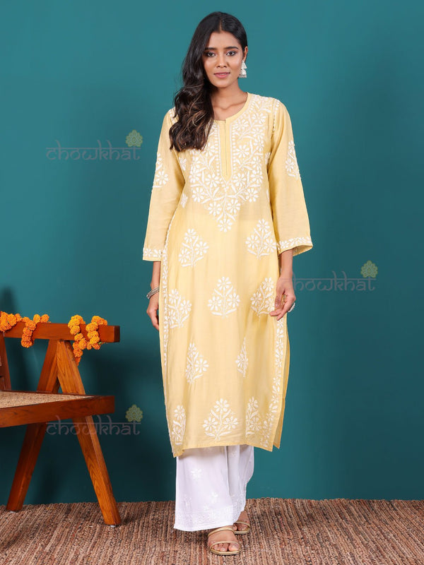 Rida Premium Chanderi Long Chikankari Kurti - Chowkhat Lifestyle