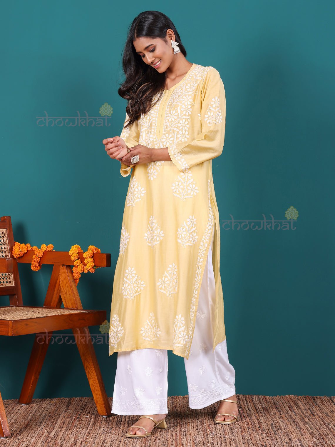 Rida Premium Chanderi Long Chikankari Kurti - Chowkhat Lifestyle