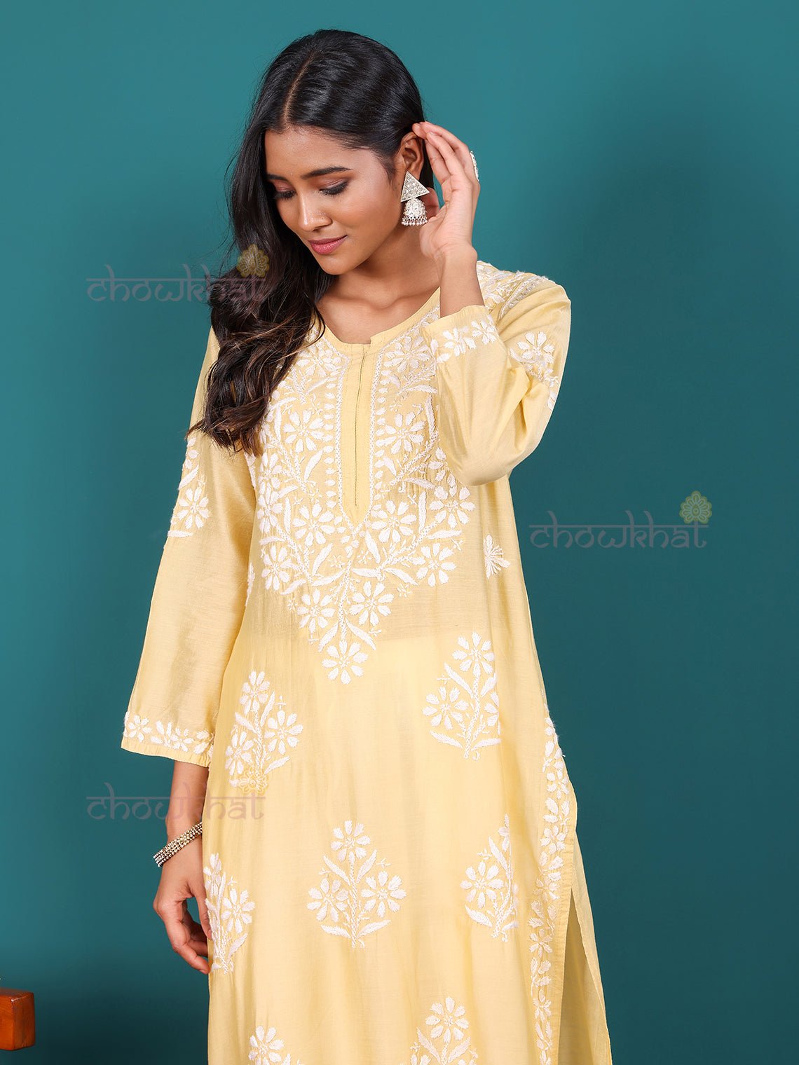 Rida Premium Chanderi Long Chikankari Kurti - Chowkhat Lifestyle