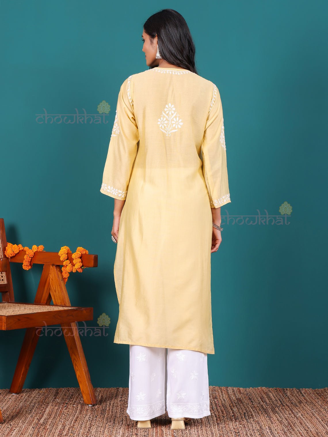 Rida Premium Chanderi Long Chikankari Kurti - Chowkhat Lifestyle