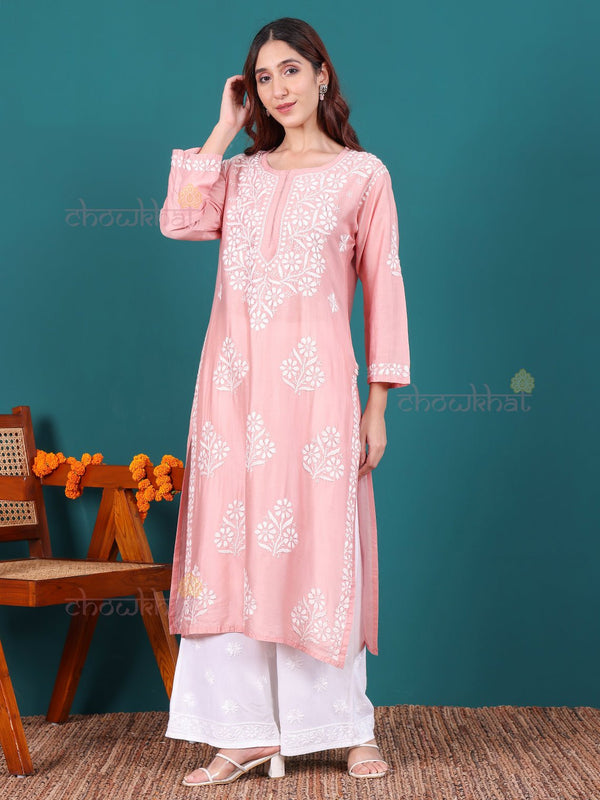 Rida Premium Chanderi Long Chikankari Kurti - Chowkhat Lifestyle