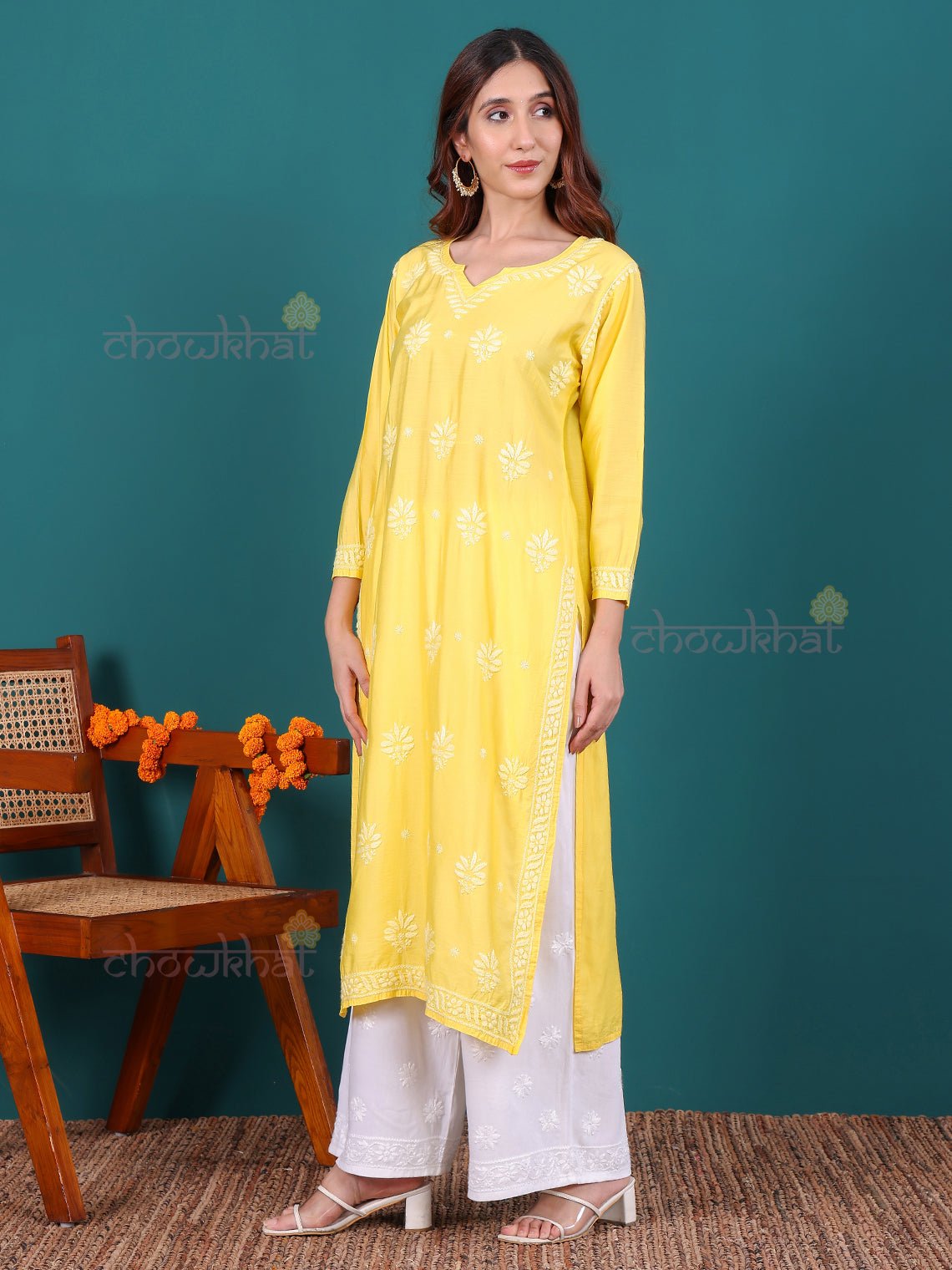 Miha Premium Chanderi Long Chikankari Kurti - Chowkhat Lifestyle