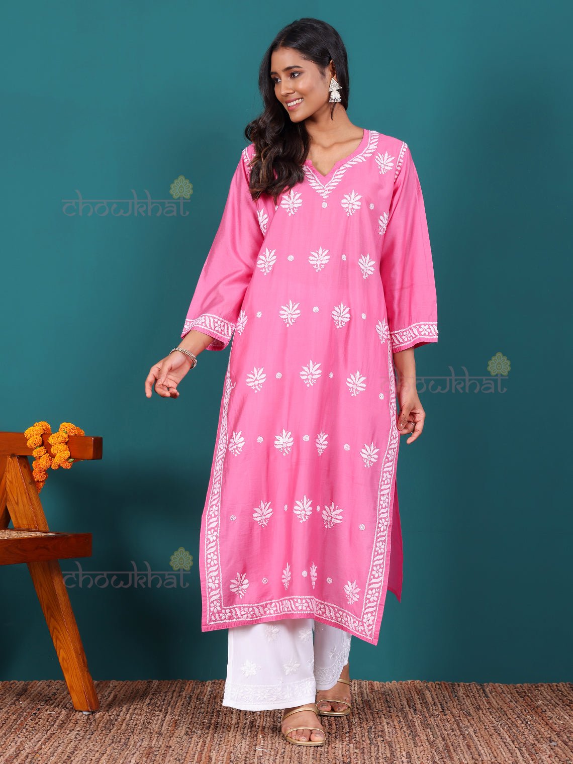 Miha Premium Chanderi Long Chikankari Kurti - Chowkhat Lifestyle