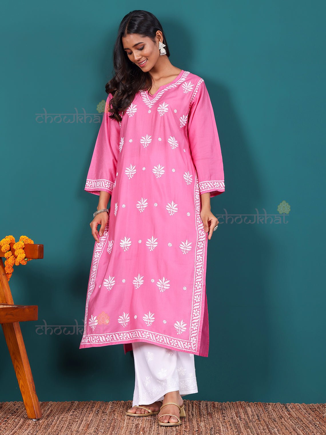 Miha Premium Chanderi Long Chikankari Kurti - Chowkhat Lifestyle