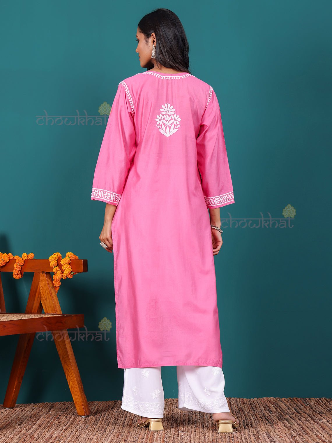 Miha Premium Chanderi Long Chikankari Kurti - Chowkhat Lifestyle