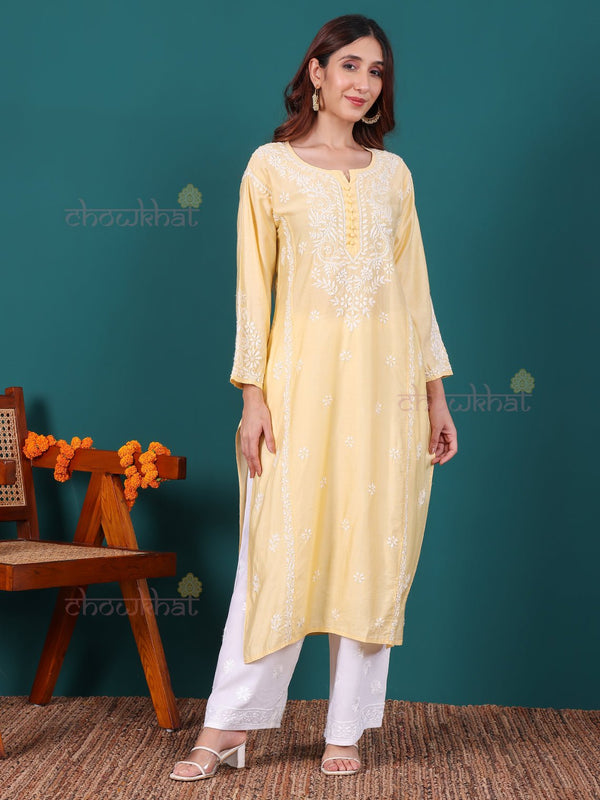 Misha Premium Chanderi Long Chikankari Kurti - Chowkhat Lifestyle