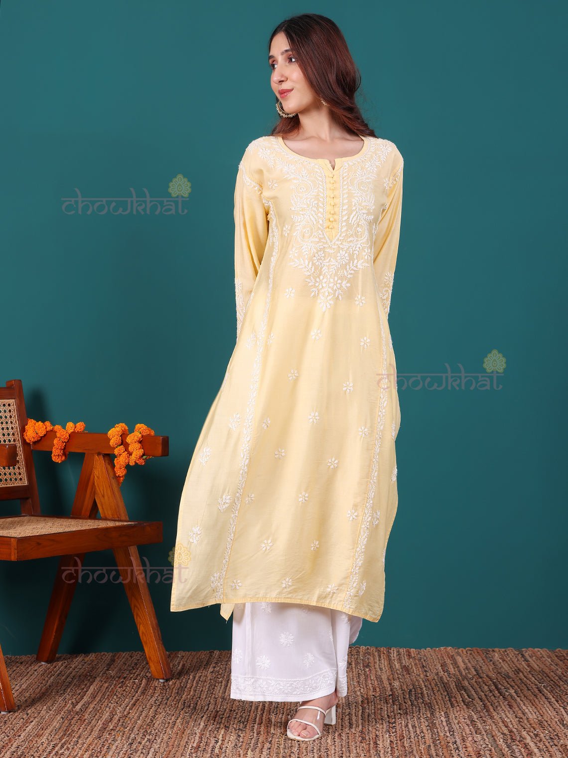 Misha Premium Chanderi Long Chikankari Kurti - Chowkhat Lifestyle