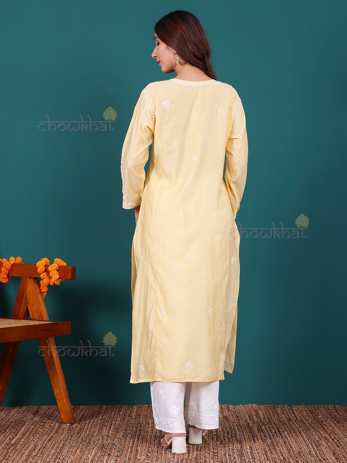 Misha Premium Chanderi Long Chikankari Kurti - Chowkhat Lifestyle