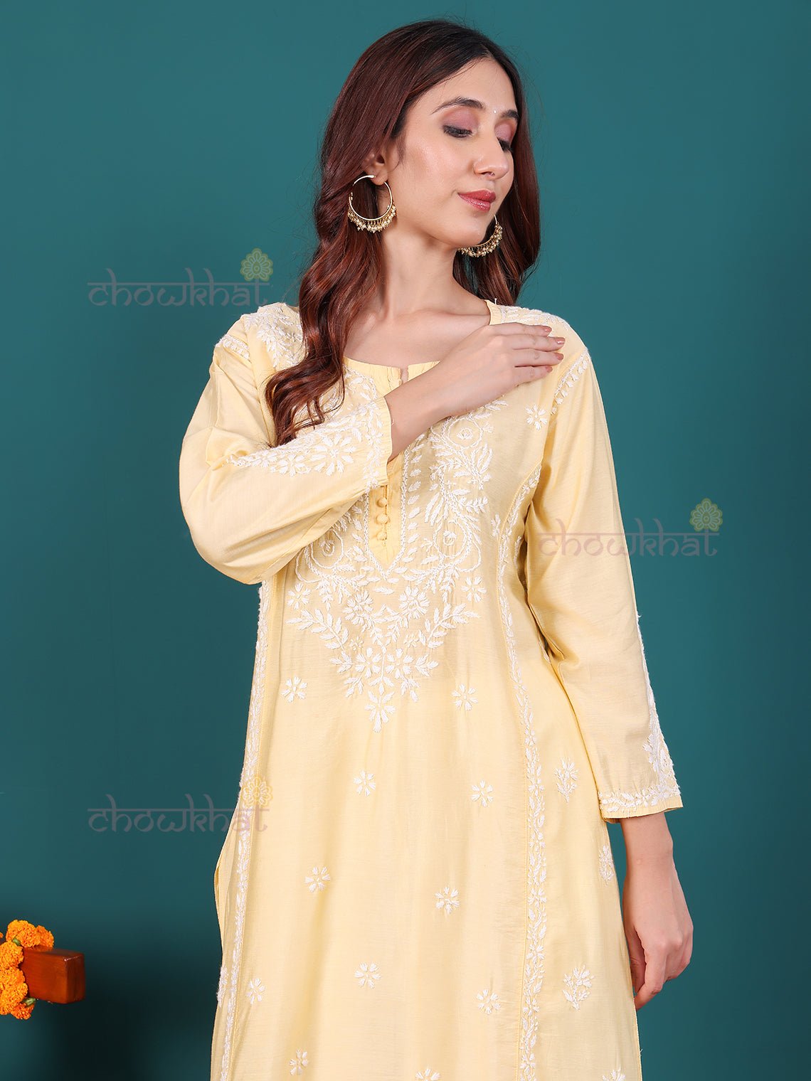 Misha Premium Chanderi Long Chikankari Kurti - Chowkhat Lifestyle