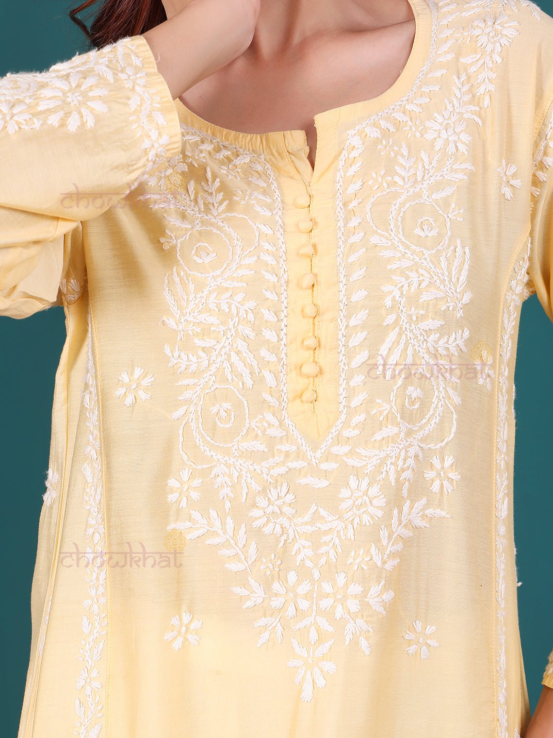 Misha Premium Chanderi Long Chikankari Kurti - Chowkhat Lifestyle