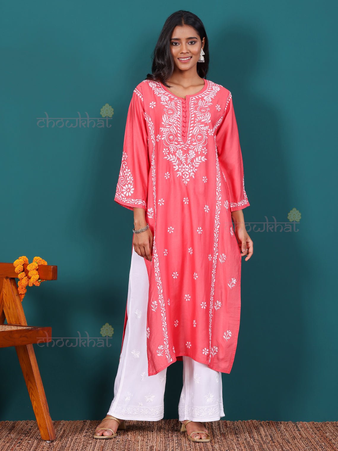 Misha Premium Chanderi Long Chikankari Kurti - Chowkhat Lifestyle