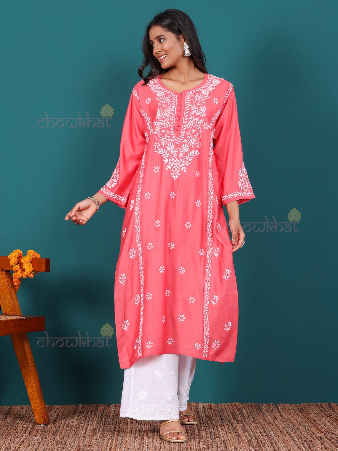 Misha Premium Chanderi Long Chikankari Kurti - Chowkhat Lifestyle