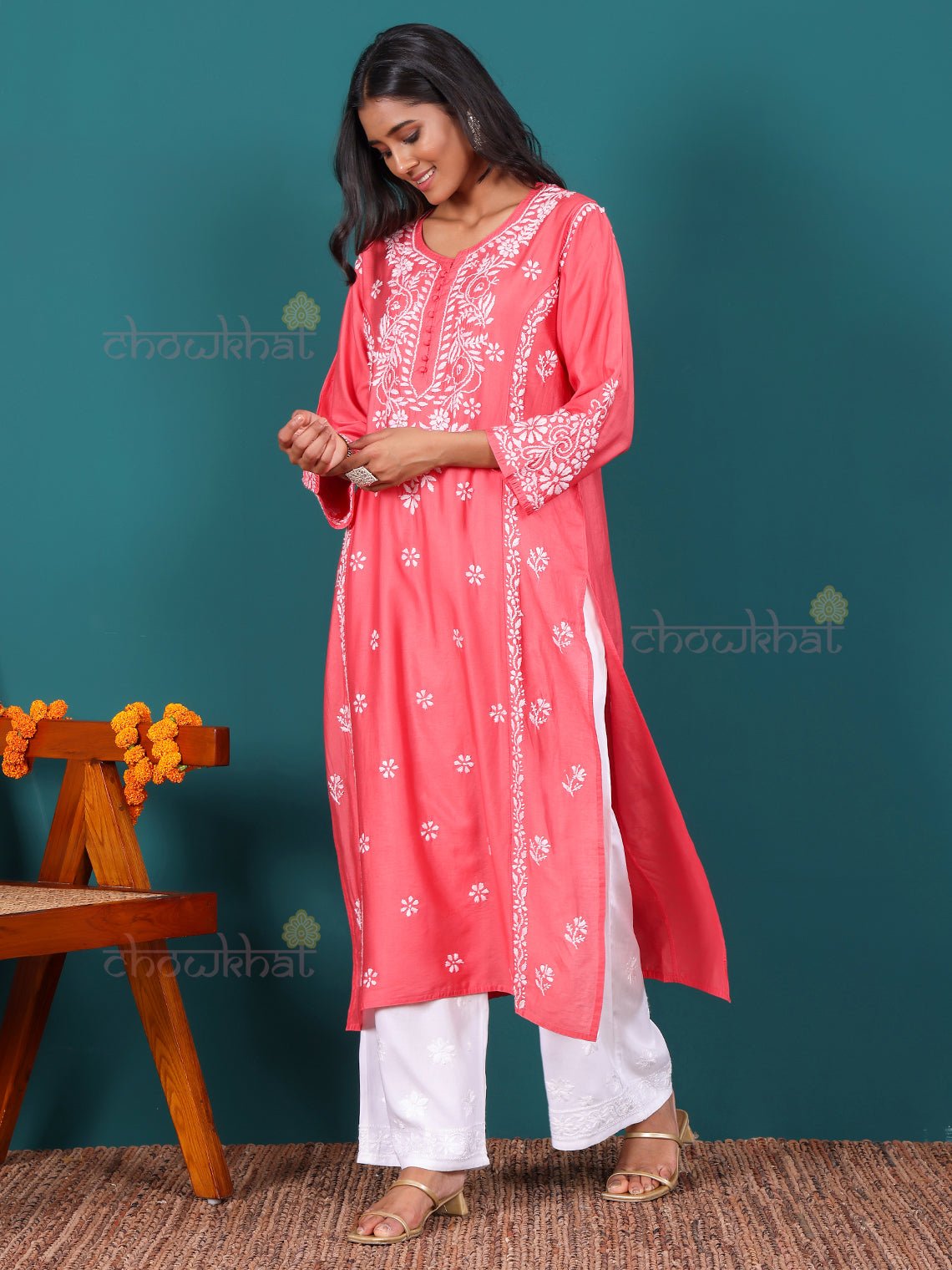 Misha Premium Chanderi Long Chikankari Kurti - Chowkhat Lifestyle