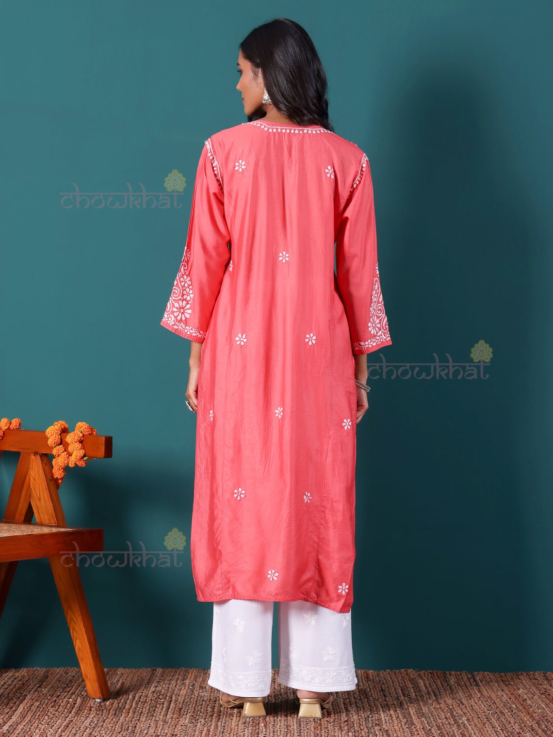 Misha Premium Chanderi Long Chikankari Kurti - Chowkhat Lifestyle