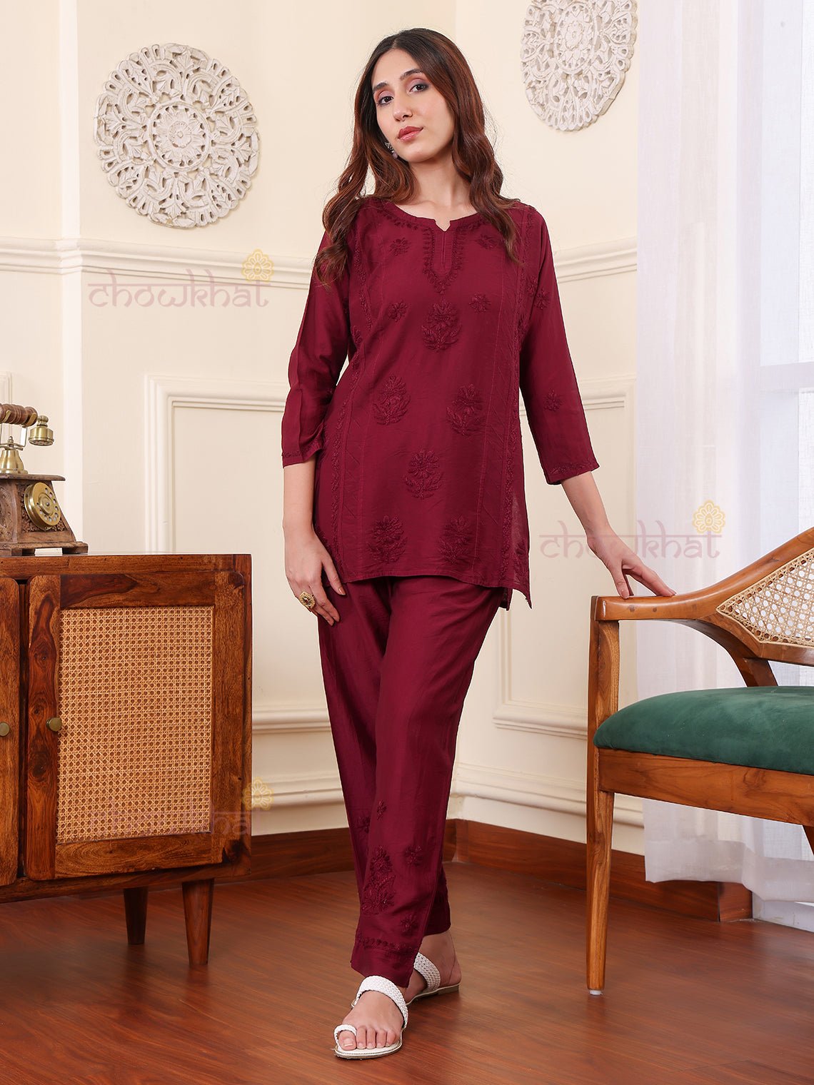 Saniya Chanderi Chikankari Kurti & Palazzo Set - Chowkhat Lifestyle