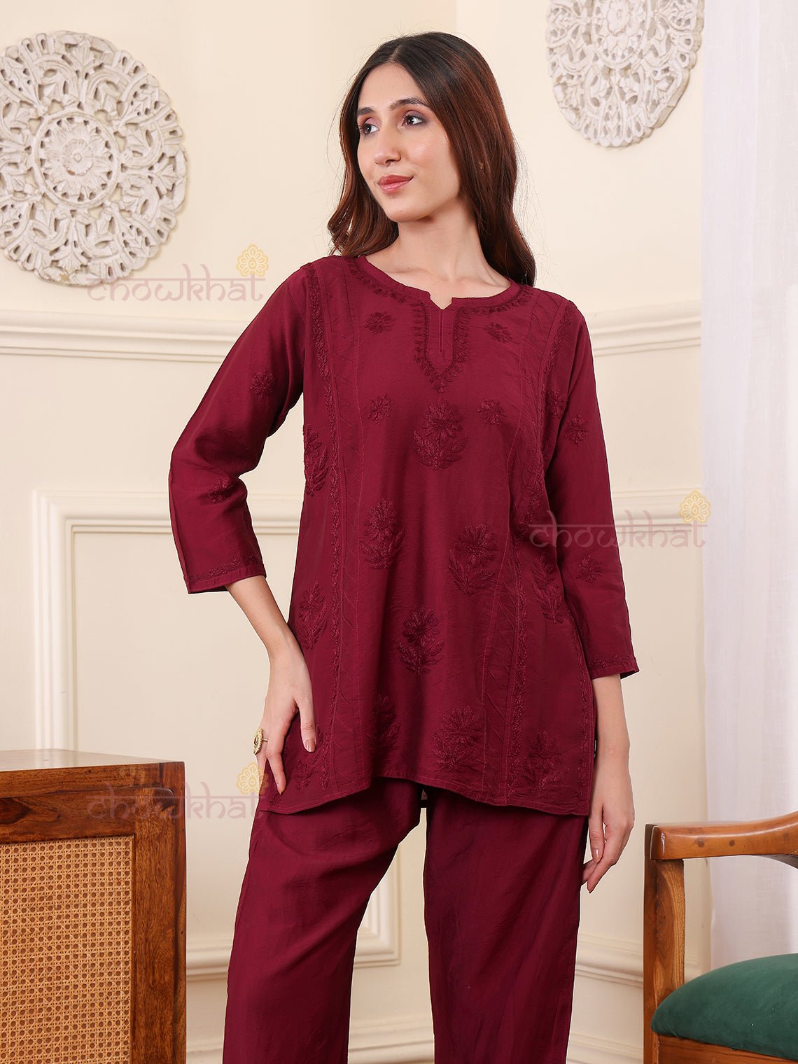 Saniya Chanderi Chikankari Kurti & Palazzo Set - Chowkhat Lifestyle